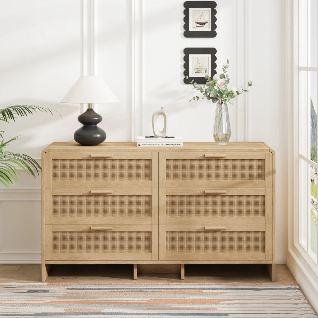 Mobile contenitore ad angolo con 6 cassetti in rattan, finitura naturale, 130 cm