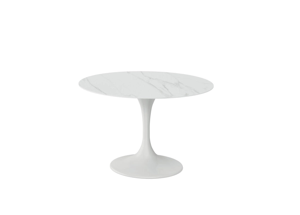 Tavolo Side Fisso Rotondo 120cm, Piano in Ceramica Marmo Bianco e Struttura in Metallo Bianco, Design Minimale - Tavolo Moderno