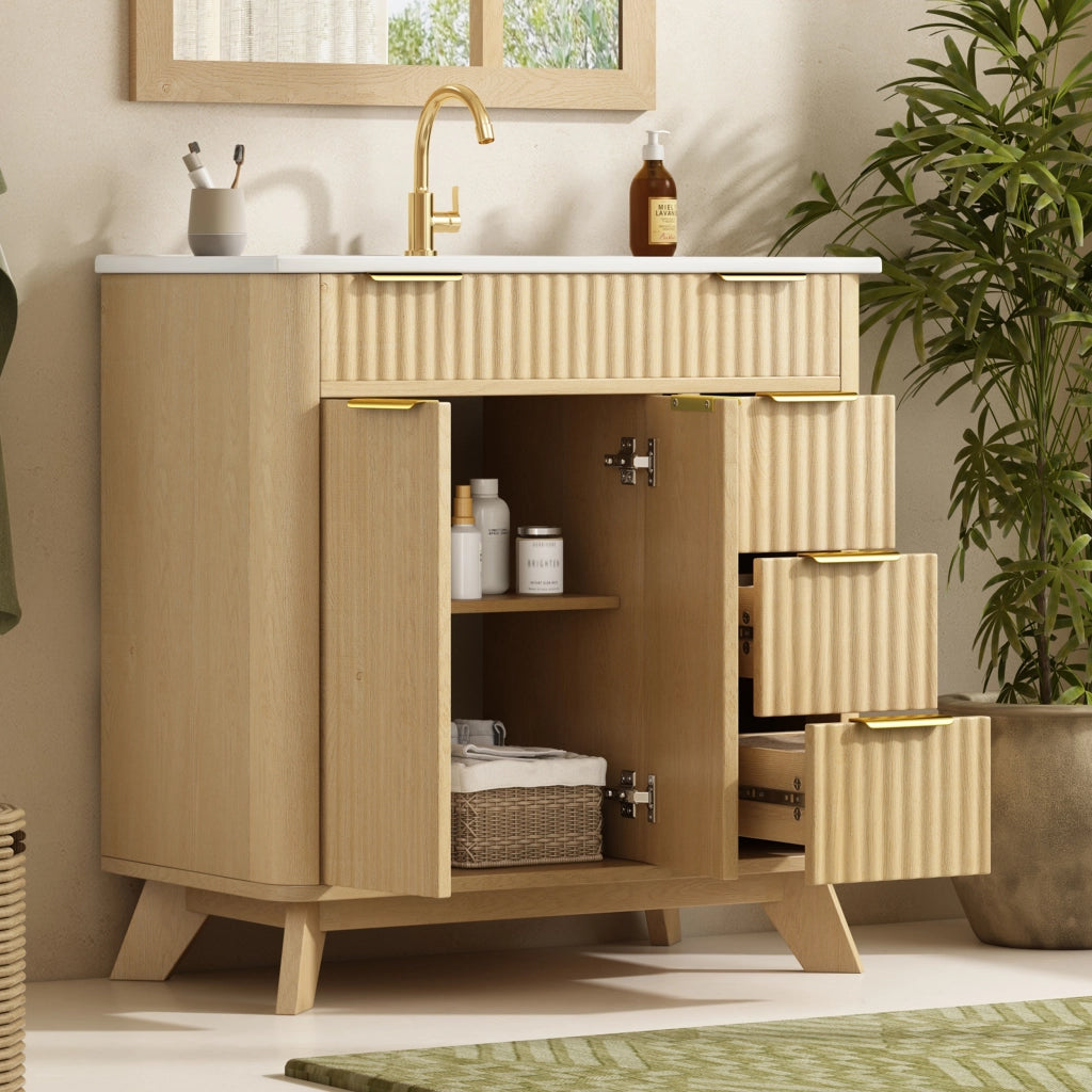Mobile da bagno con 3 cassetti e 2 ante; lavabo in ceramica - per bagno - 81x47x90 cm - naturale