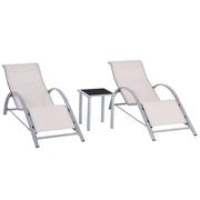 Set di 2 Lettini Prendisole 59x169x66 cm e Tavolino con Piano in Vetro Crema