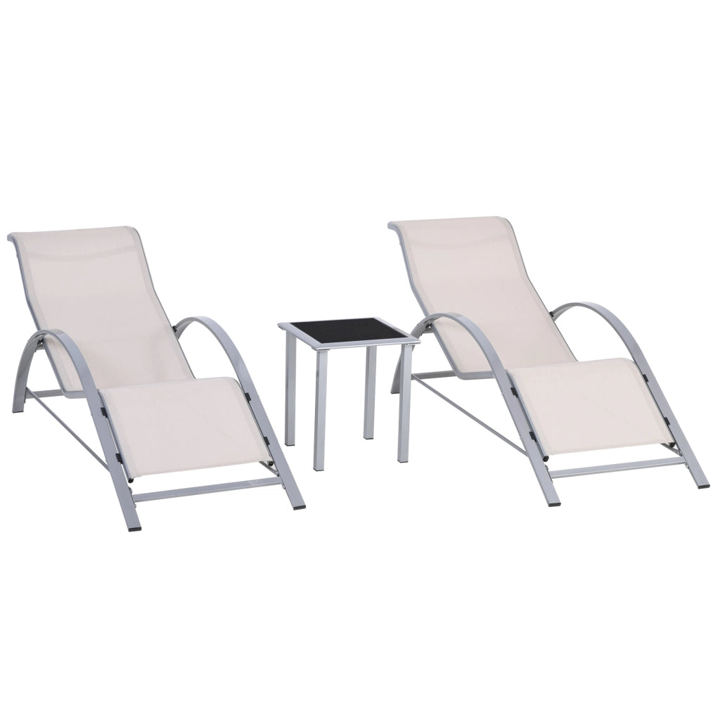 Set di 2 Lettini Prendisole 59x169x66 cm e Tavolino con Piano in Vetro Crema