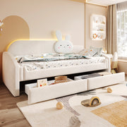 Divano letto per bambini 90x200 cm in velluto beige con LED e cassetti