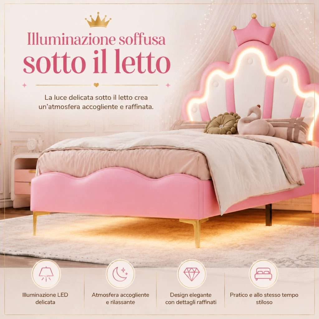 Letto singolo per bambina 90x200 cm ecopelle rosa, testiera a corona con luci LED, illuminazione sotto il letto, gambe dorate, telaio robusto