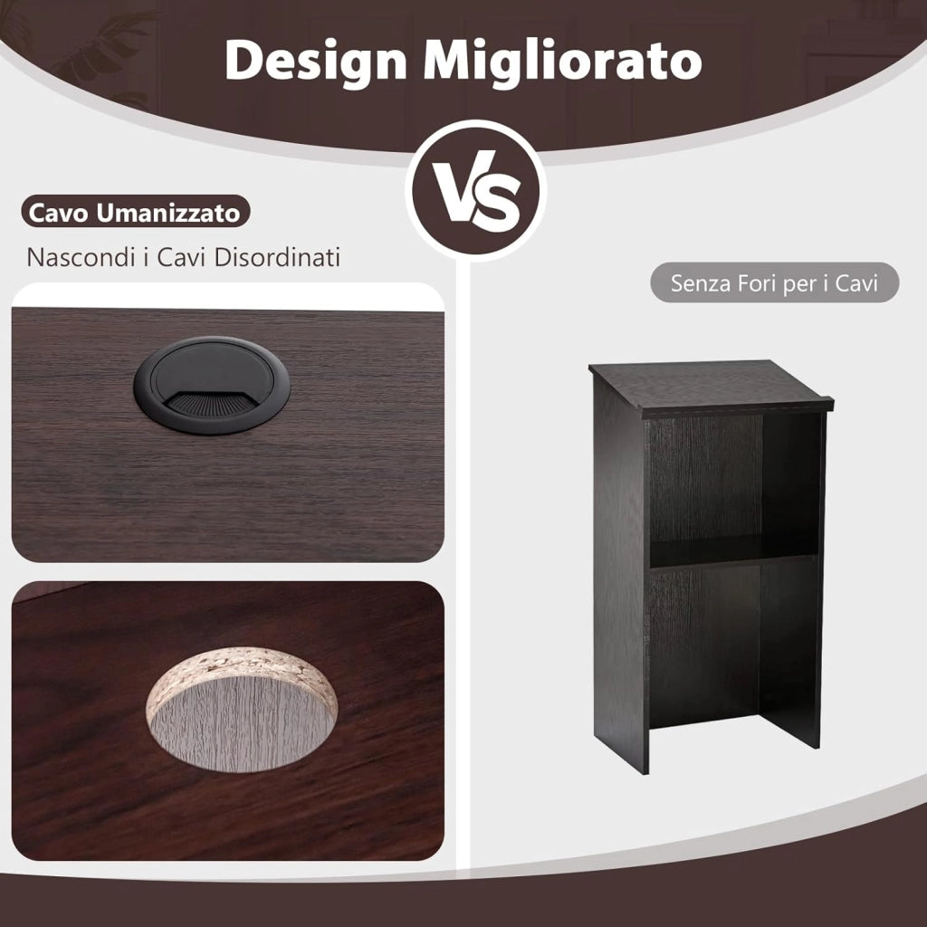 COSTWAY Leggio per Oratori, Podio per Conferenza con Ripiani e Fori per Cavi, Leggio da Pulpito in Legno per Aula, Ufficio, Ristorante e Seminario (Marrone)