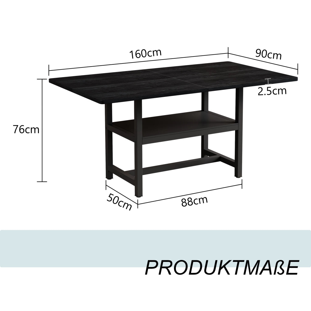 Tavolo da pranzo per 4 o 6 persone con ripiano contenitore, stile moderno, in MDF e metallo, nero, 160 × 90 × 76 cm