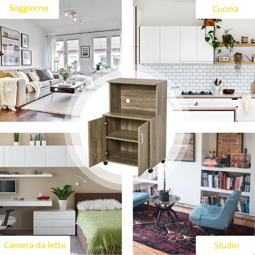 Mobile Cucina Multiuso con 4 Ruote, Armadietto e Ripiano per Microonde, 60.4x40.3x97cm - Grigio