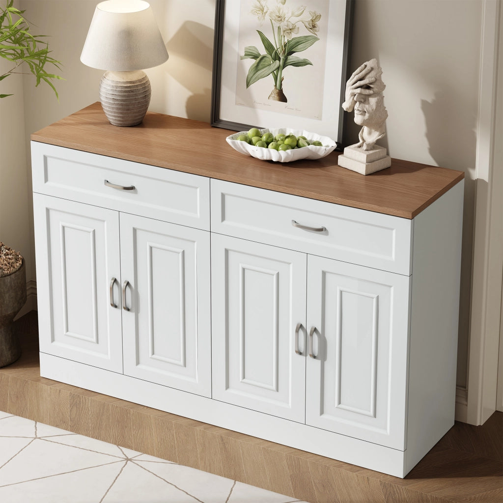 Credenza con 4 Ante; 2 Cassetti e Ripiani Regolabili; Stile Moderno; in Pannelli di Truciolare; Bianco; 120??35??80;5 cm