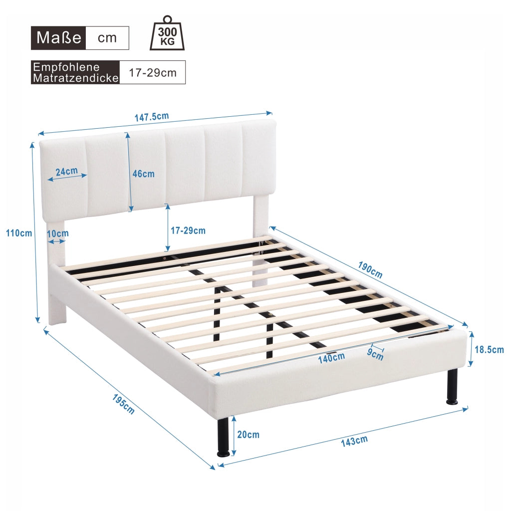 Letto imbottito 140x190 cm in Sherpa beige con rete a doghe e piedi in ferro