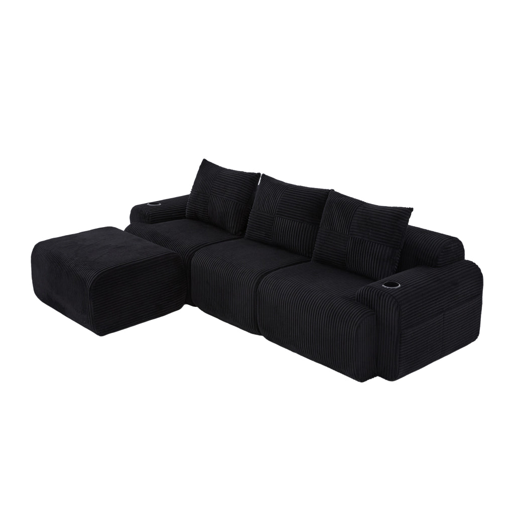 Divano modulare 3 posti ULEVR 268x174x80 cm con portabevande e tasca laterale, velluto a coste nero
