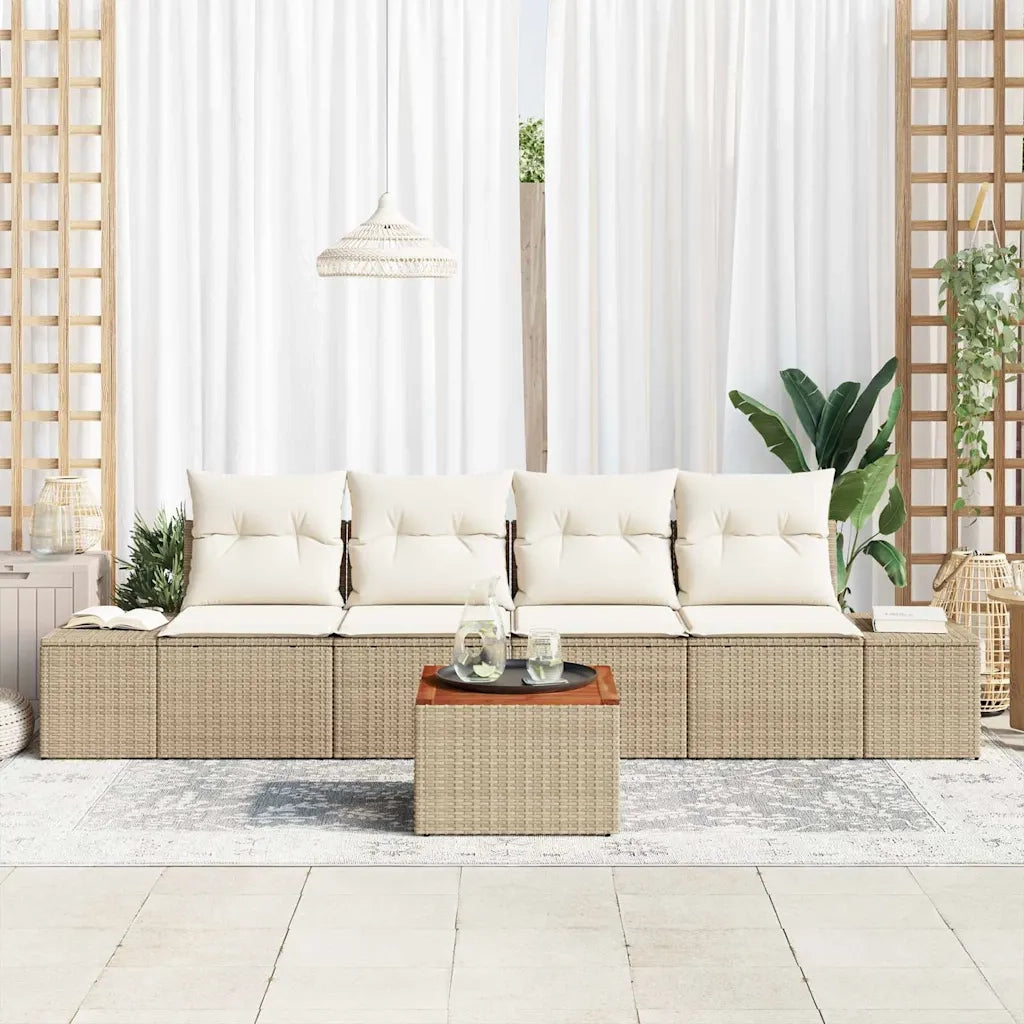 Set Divano da Giardino con cuscino 5 pcs Beige Poly Rattan