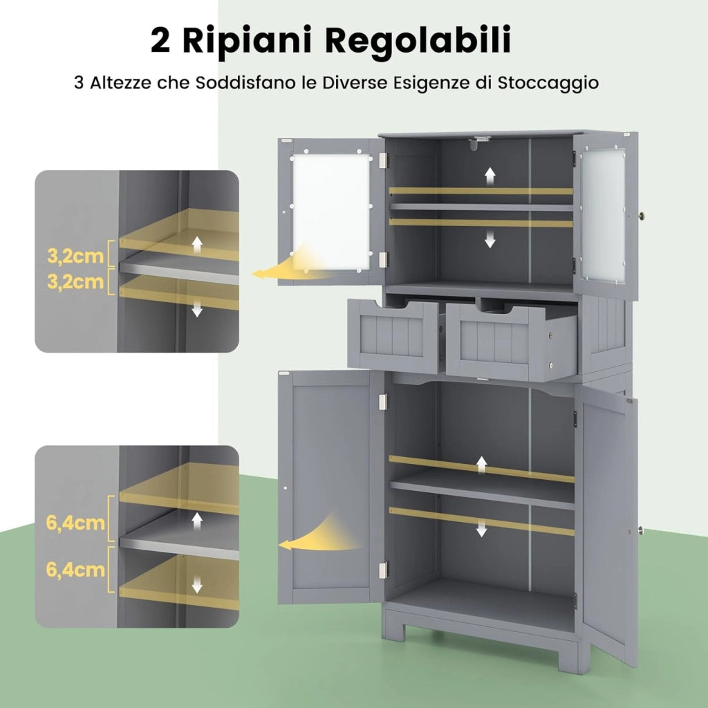 Armadio da Terra con 4 Ante, Mobile da Bagno con 2 Ante in Vetro 2 Cassetti e Ripiani Regolabili, Armadio Multifunzionale per Bagno e Soggiorno (Grigio, 60x30x128cm)