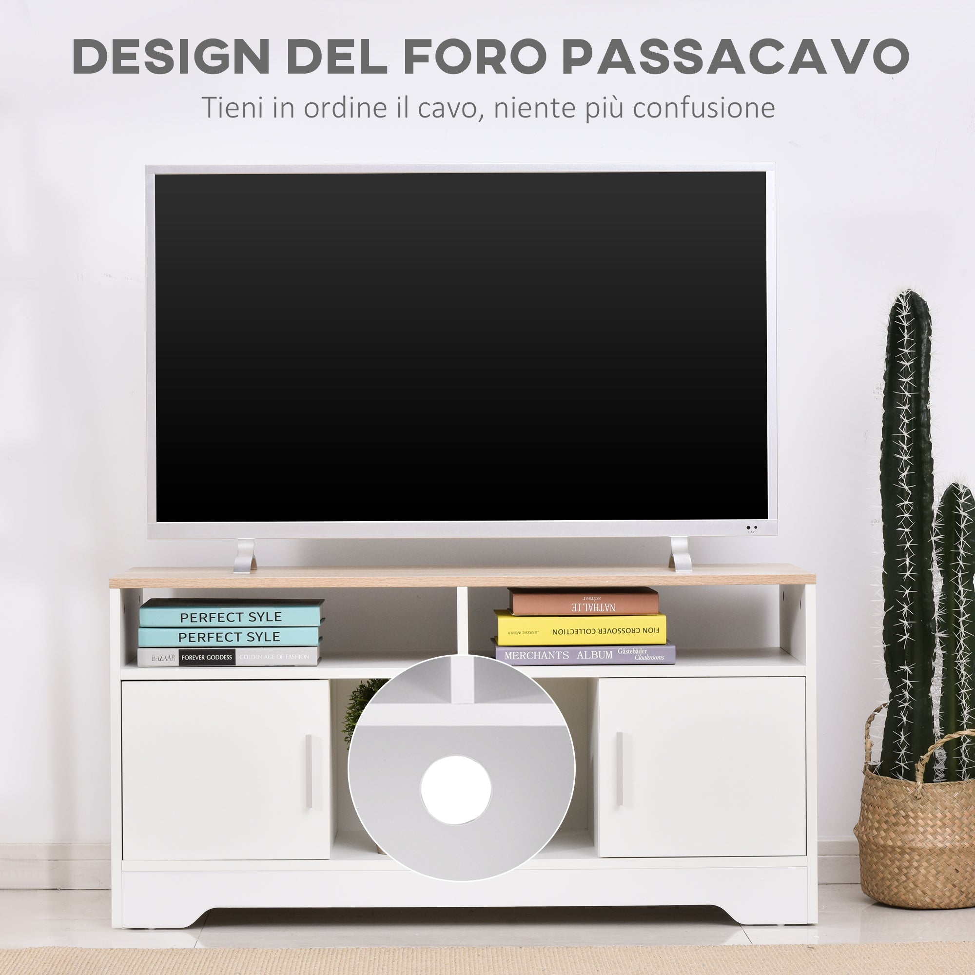 Mobile TV 3 Scomparti 2 Ante 105x40x52 cm per TV fino a 42" in Truciolato Bianco e Legno