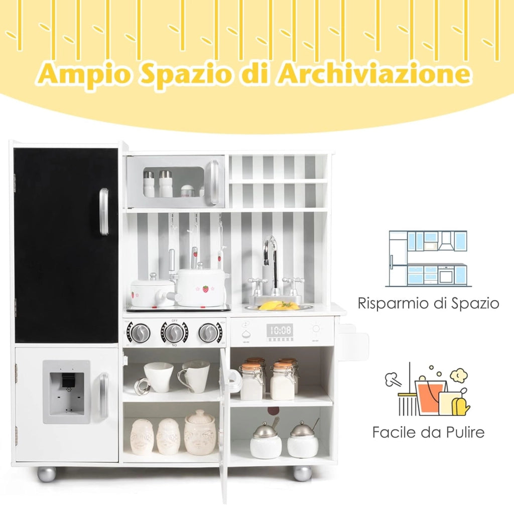 Cucina Giocattolo per Bambini, Cucina per Bambini con Suoni, Lavagna, Lavello, Piano Cottura e Vari Scomparti, 3 Anni+