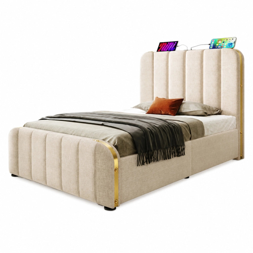 Letto singolo imbottito 90x200 cm con testiera USB Type-C, contenitore idraulico, beige