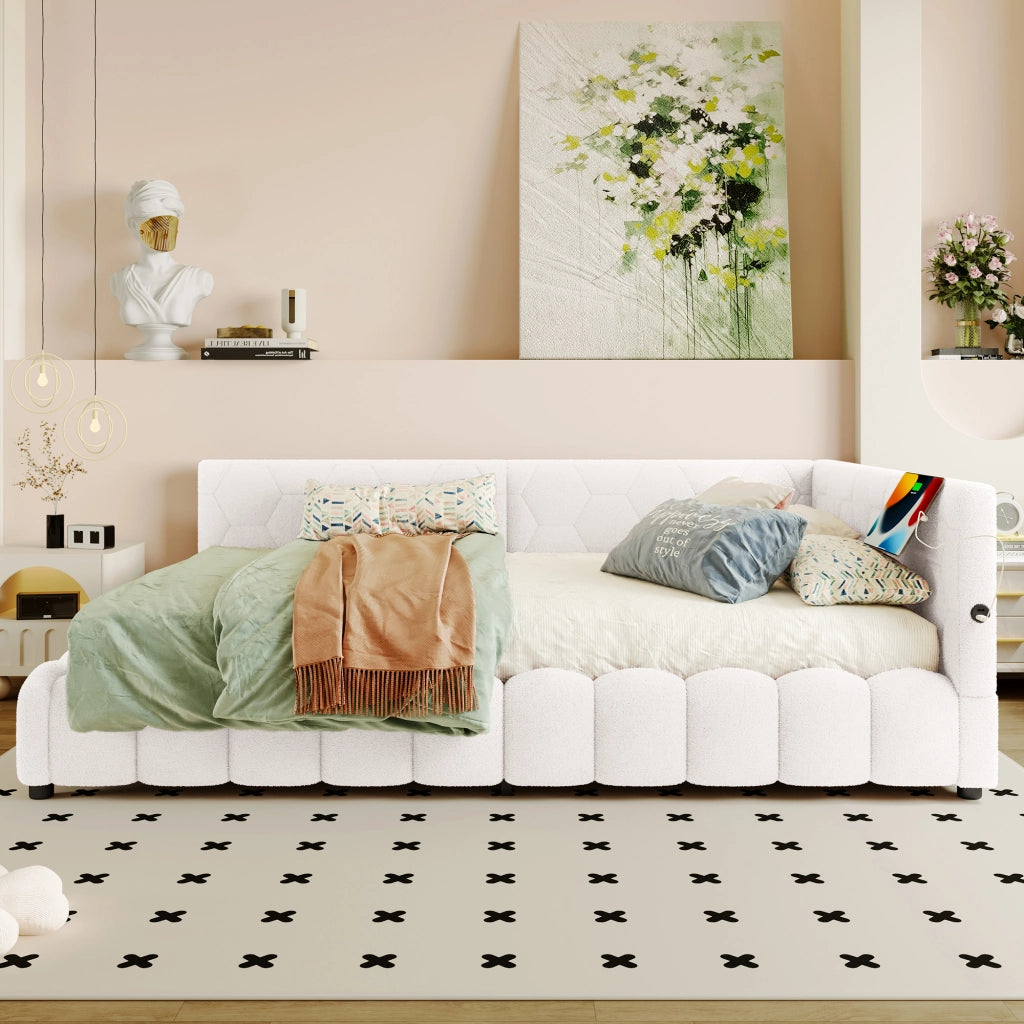 Letto a una piazza e mezza 140x200 cm con rete a doghe, contenitore idraulico, LED, USB e Type-C, bianco