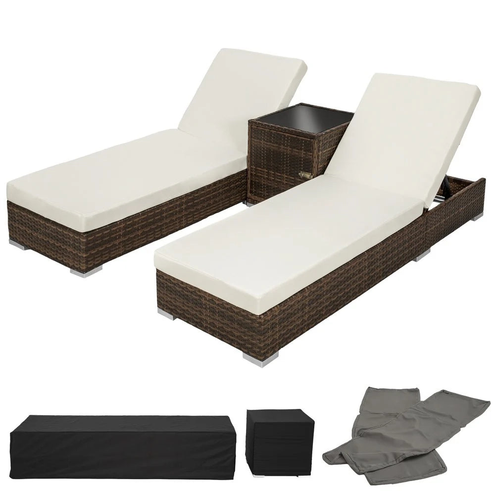 Set di due lettini prendisole in resina intrecciata polyrattan + tavolo + due set di fodere + telo protettivo marrone 08_0000504