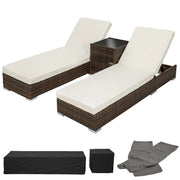 Set di due lettini prendisole in resina intrecciata polyrattan + tavolo + due set di fodere + telo protettivo marrone 08_0000504