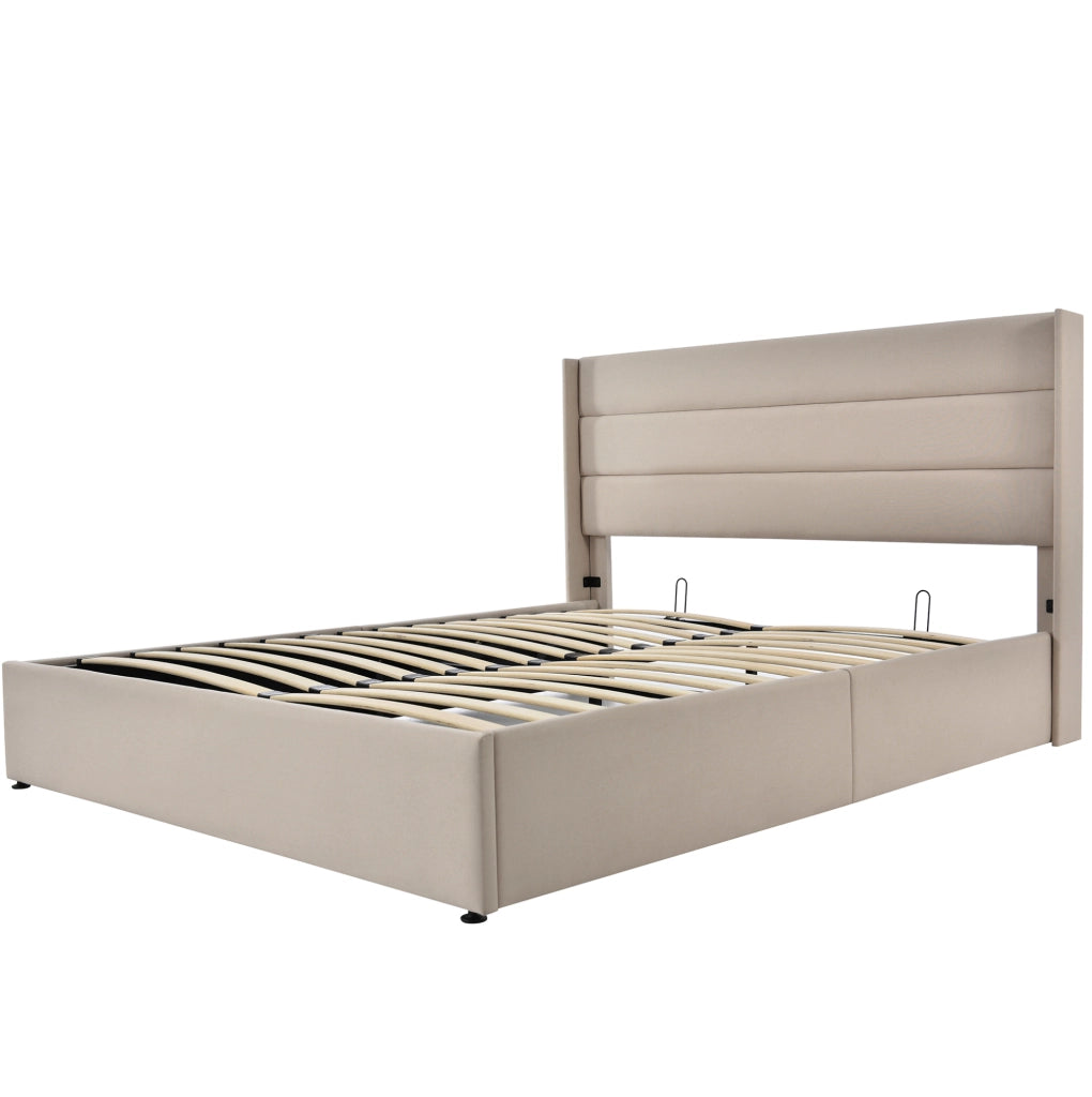 Letto matrimoniale contenitore 160x200 cm con testiera imbottita in lino; beige