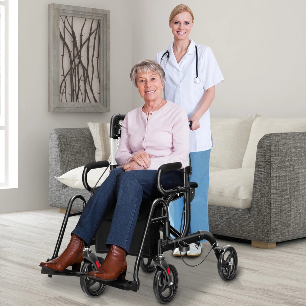 Rollator 2 in 1 per anziani con schienale reversibile manici regolabili ruote da 19,5cm, Deambulatore pieghevole Nero-Salute e bellezza