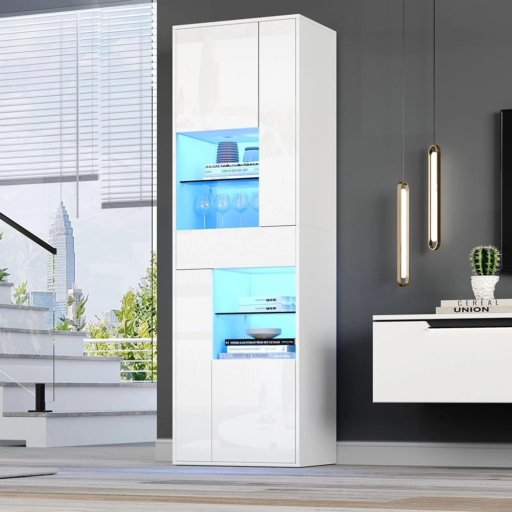 Vetrina esposizione 55x38x170 cm con LED - Xylo - 1 cassetto, 4 ante vetrate, design brillante, bianco