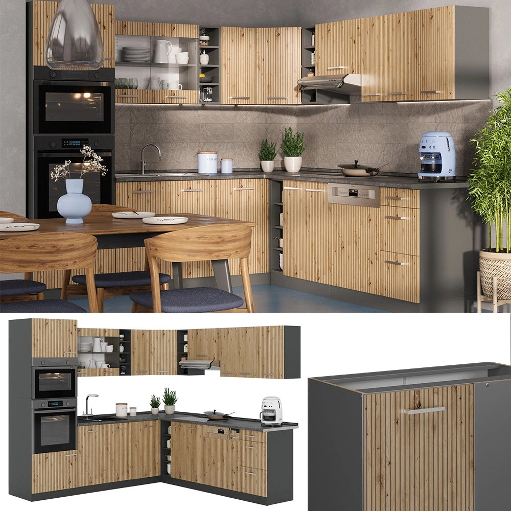 Cucina angolare completa R-Line Rovere artigianale/Antracite 247 x 237 cm, PL Rovere Vicco