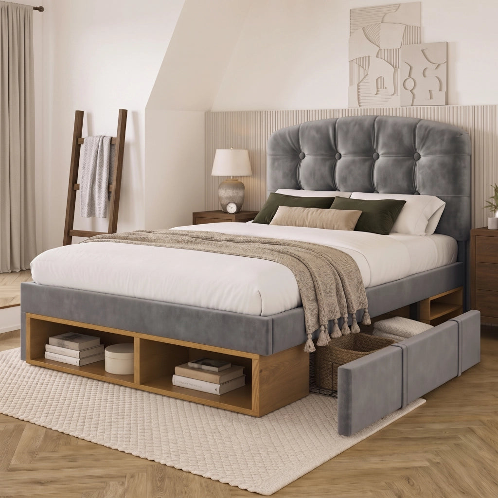 Letto singolo in velluto grigio 90x200 testiera curva regolabile cassetti doghe