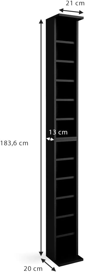 Scaffale porta cd, Nero, 21 x 183.6 cm Alto, con ripiani regolabili in altezza per una conservazione flessibile dei media