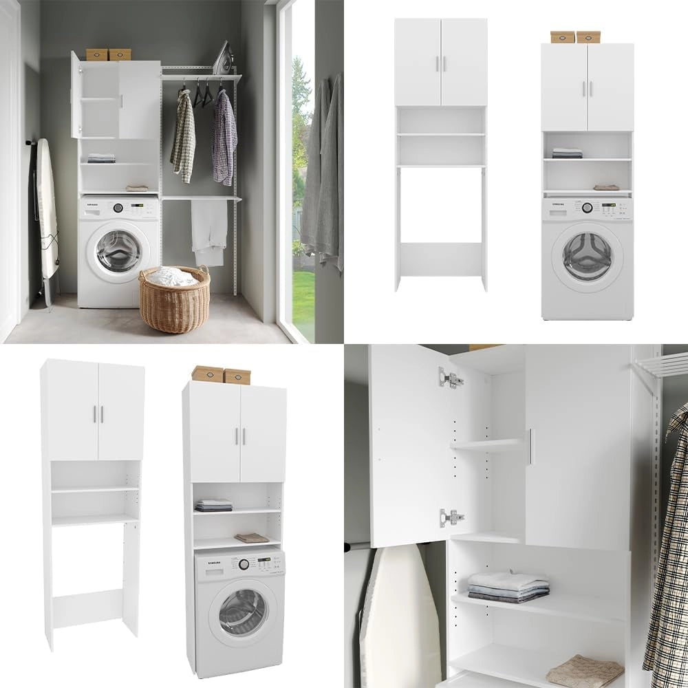 Mobile lavatrice Martha, Bianco, 64 x 190 cm con 2 ante corte, per la conservazione di detersivi e accessori da bagno