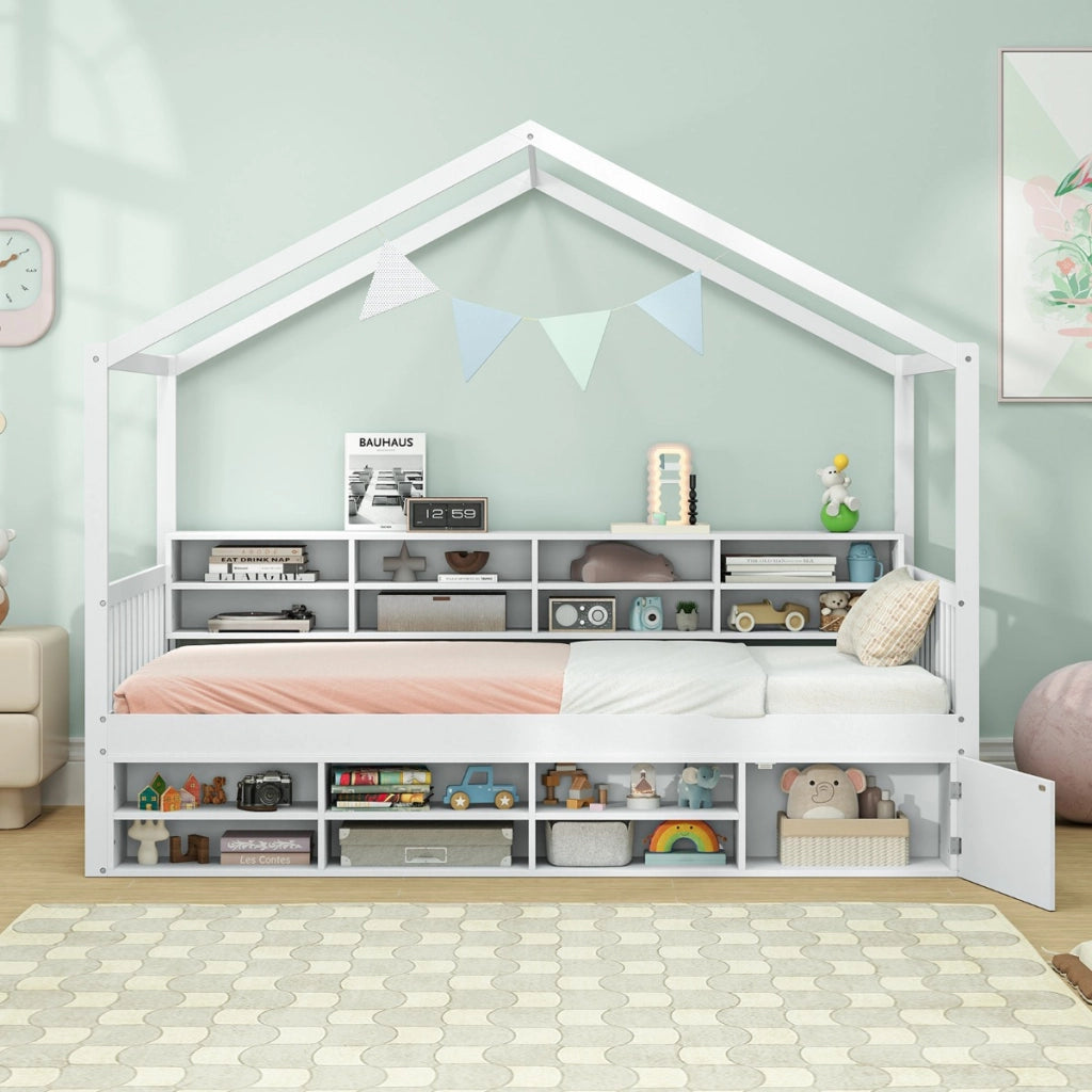 Letto a castello con tetto in legno, Struttura per letto matrimoniale con 14 cubi di stoccaggio Bianco-Lettini per bimbi