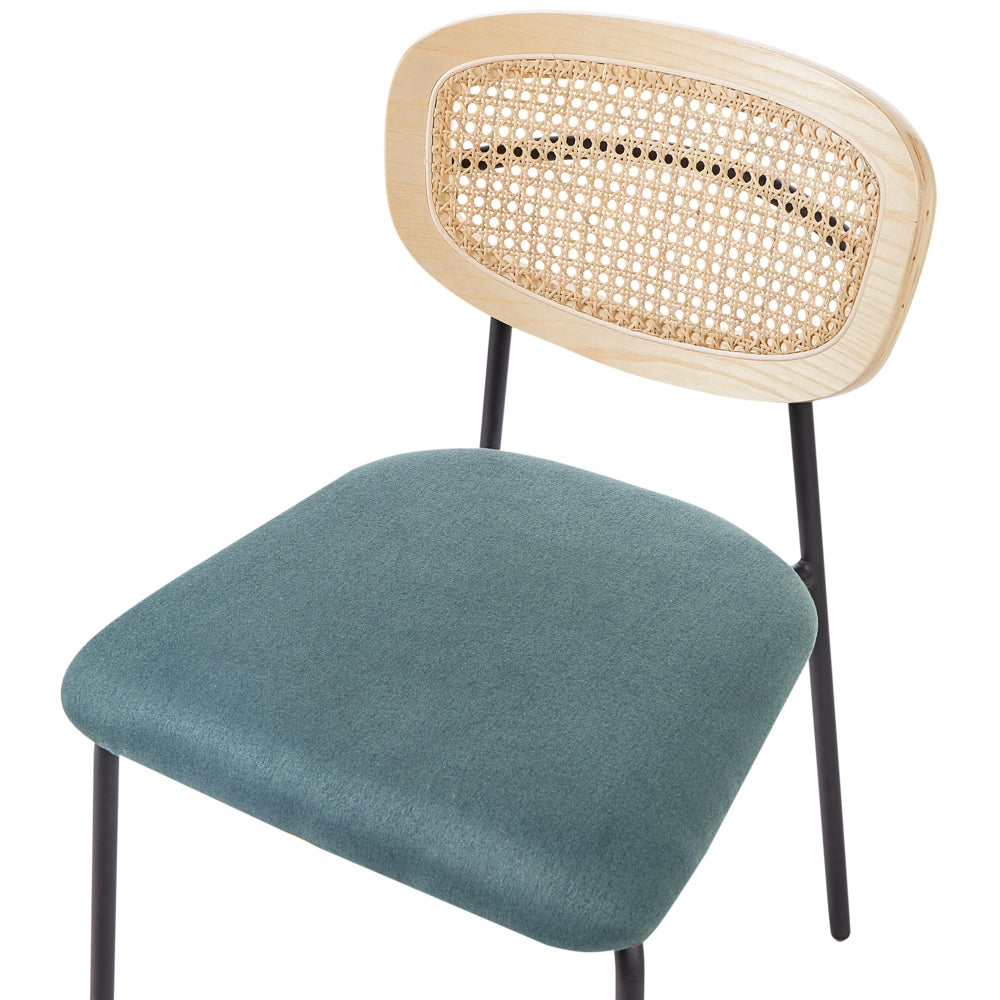 Set di 2 sedie da pranzo Rivestimento in poliestere blu Schienale in rattan naturale a treccia viennese Gambe in metallo nero Sgabelli senza braccioli