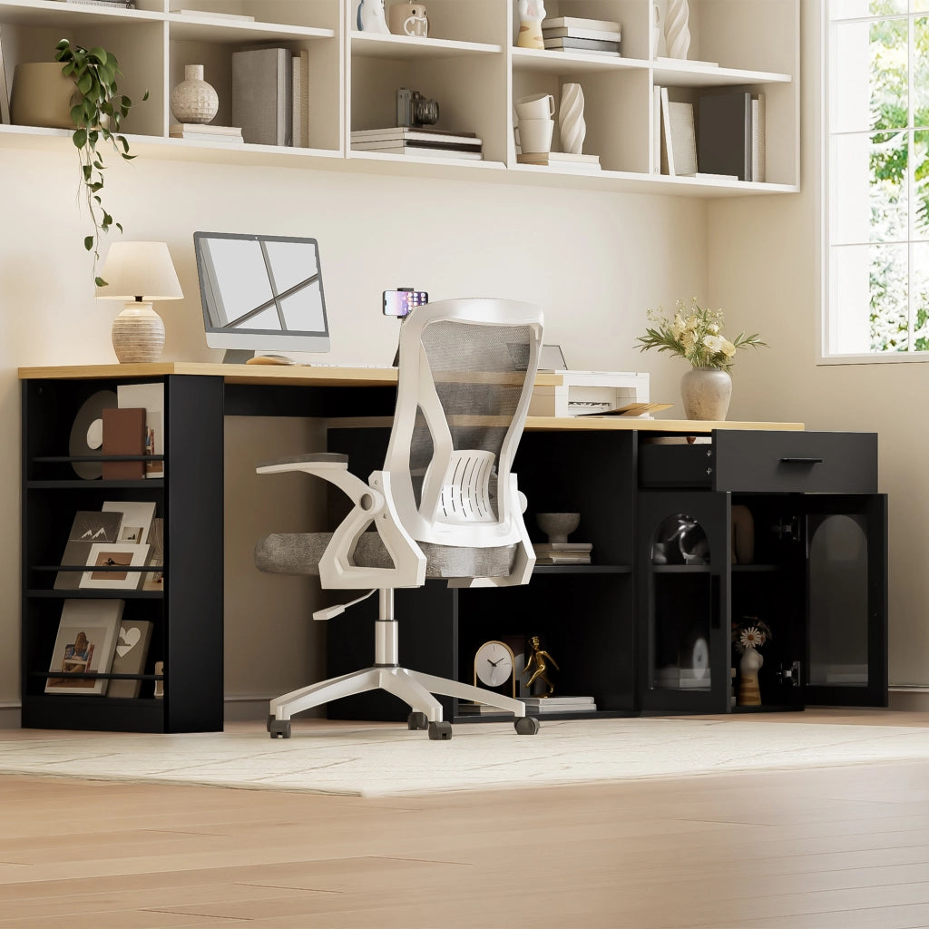 Isola da cucina con piano girevole 360°, mobile contenitore, scrivania e credenza con ripiani, Nero/Naturale
