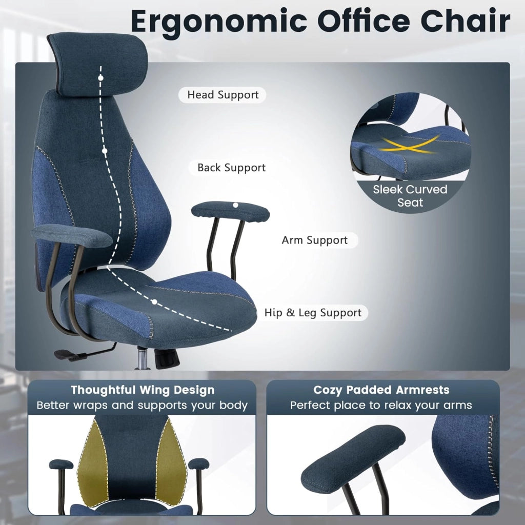 Sedia da ufficio ergonomica, sedia da scrivania girevole con poggiatesta, bracciolo, schienale inclinabile e seduta curva, rivestita in pelle scamosciata, altezza regolabile, carico 150 kg