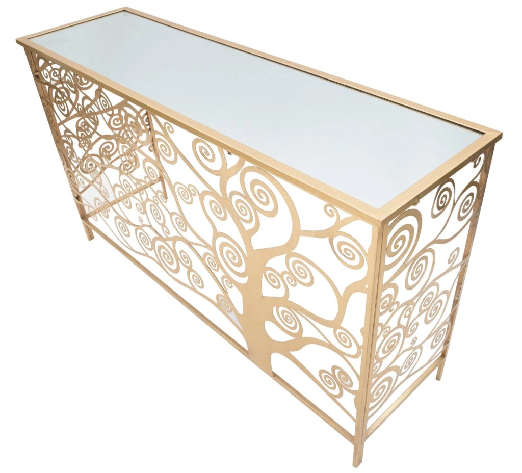 Console Albero della Vita 141,5x40,5x81,5 cm in Ferro MDF e Specchio Oro