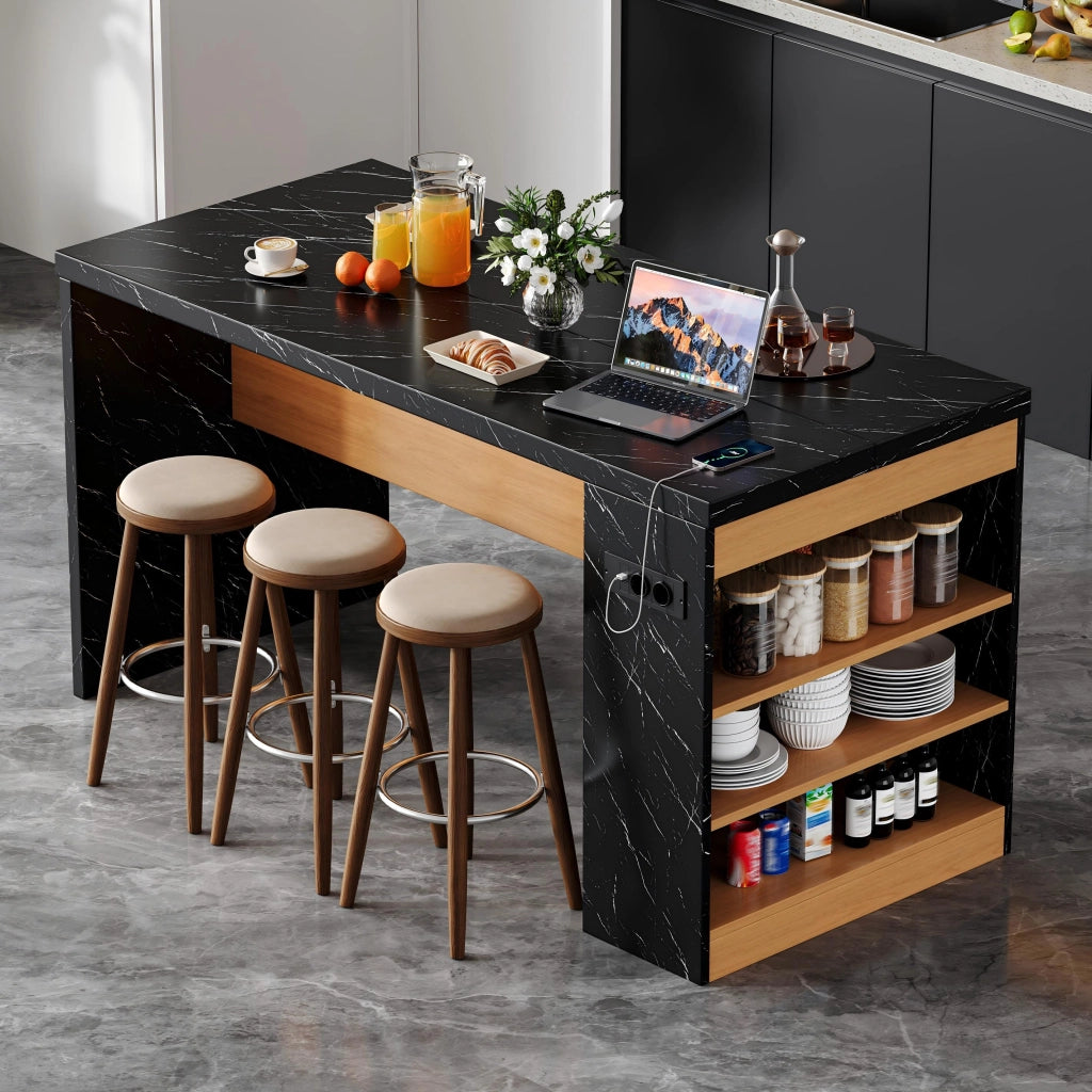 Isola cucina 155x80x90 cm con illuminazione LED, prese e 3 ripiani aperti, piano da 40 mm