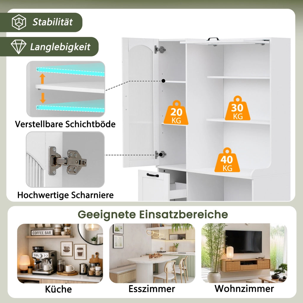 Credenza alta in MDF con ripiani regolabili, cassetto e vetro zigrinato per cucina soggiorno e sala da pranzo bianco