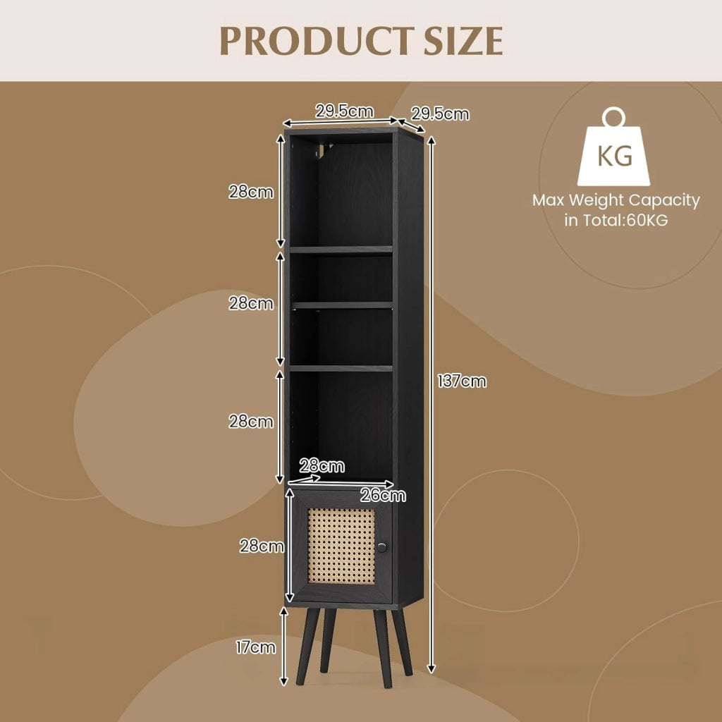 Libreria, armadietto sottile con 4 ripiani e porte, scaffale per soggiorno e ufficio, 29,5 x 29,5 x 137 cm (nero)