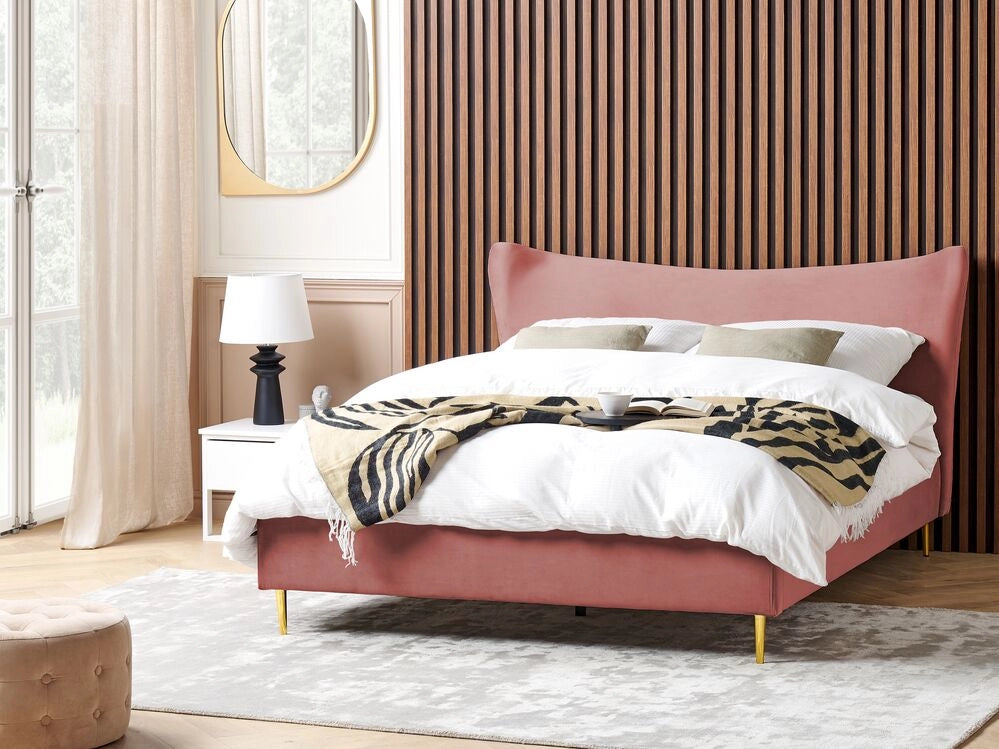 Letto in velluto rosa con struttura 180 x 200 cm gambe imbottite oro testiera stile glamour moderno