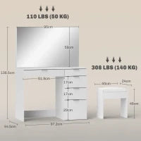 Set Tavolo da Trucco con Specchio e 5 Cassetti 97.2x44.5x136.5 cm e Sgabello Imbottito 40x24x46 cm, Bianco