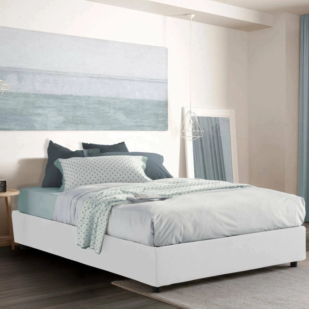 Letto matrimoniale Attilino, Letto contenitore con rivestimento in tessuto, Made in Italy, Apertura frontale, adatto per materasso cm 140x190, Bianco