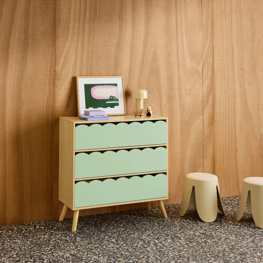 Cassettiera per bambini effetto legno 3 cassetti, verde
