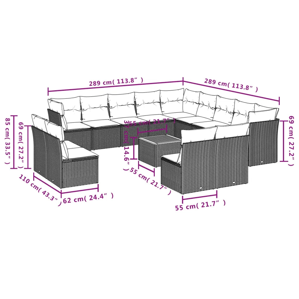 Set Divani da Giardino 14pz con Cuscini in Polyrattan Grigio