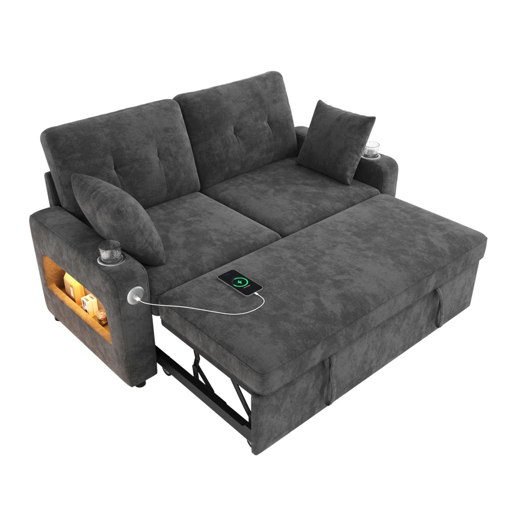 Divano letto estraibile 2 posti con LED; USB e Type-C; portabevande; ciniglia grigio