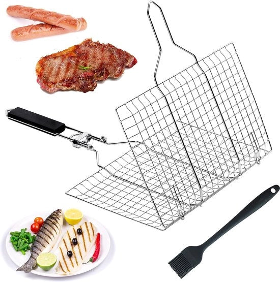 Barbecuemanicure, bruciatore di pesce, griglia barbecue pieghevole, bruciatore di pesce, cassetta barbecue griglia in acciaio inossidabile, portatile, accessorio per barbecue in acciaio inossidabile, griglia per pesce e carni.