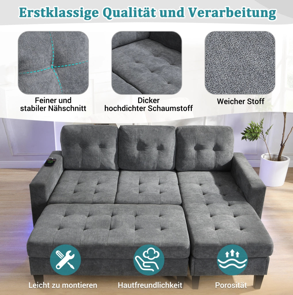 Divano letto modulare a L con pouf XXL, LED e USB