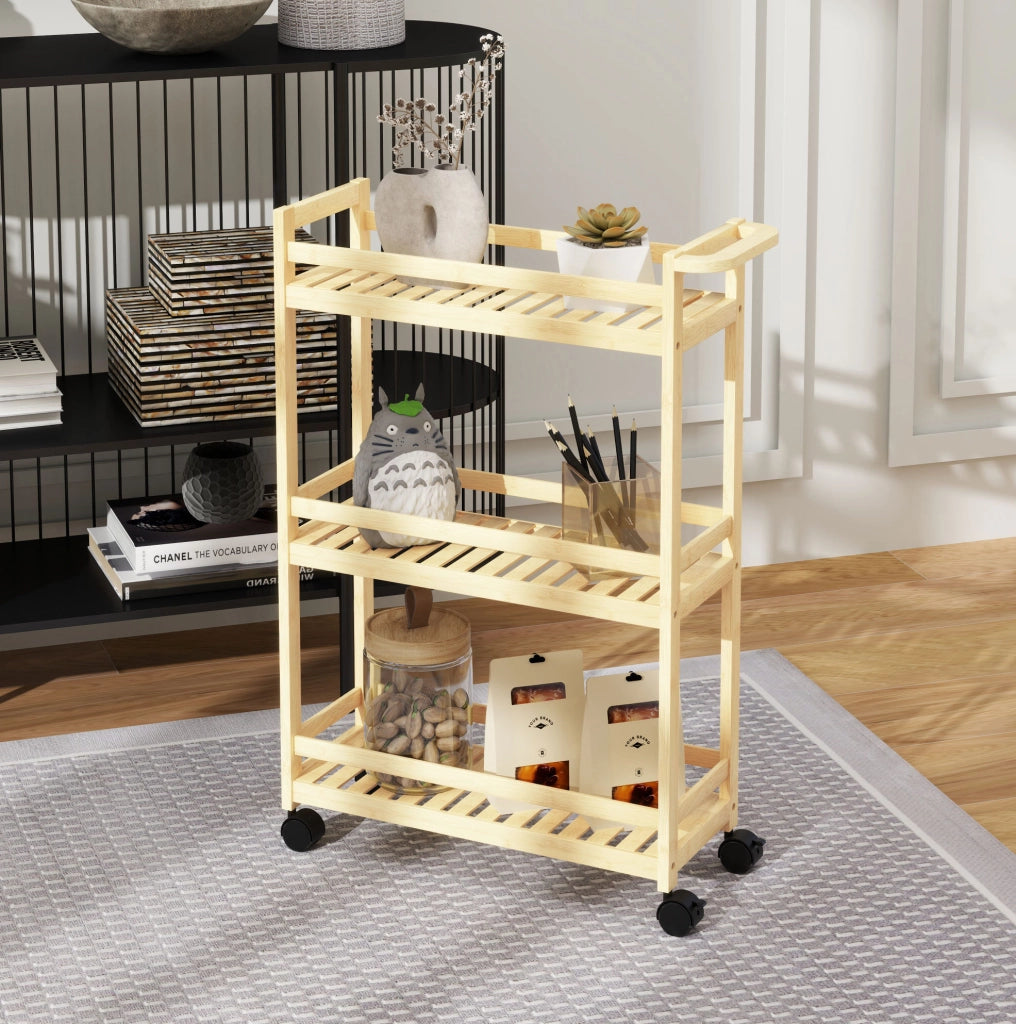 Carrello multiuso 55x20x75 cm a 3 ripiani con manico e ruote in bambù naturale