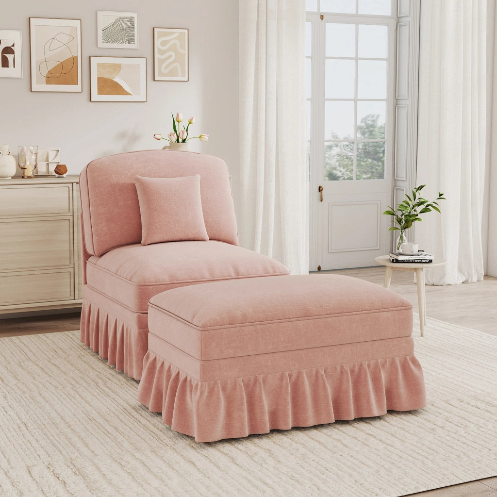 Poltrona lounge con pouf e gonna rimovibile; seduta morbida e gambe a fuso in chenille rosa