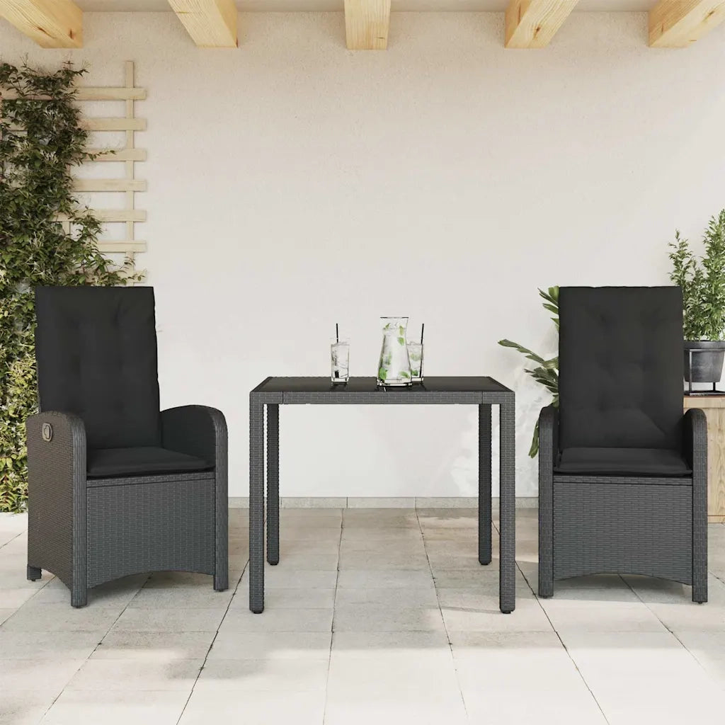 Set da Pranzo da Giardino 3 pz | Set Salotto da Giardino con Cuscini Nero in Polyrattan