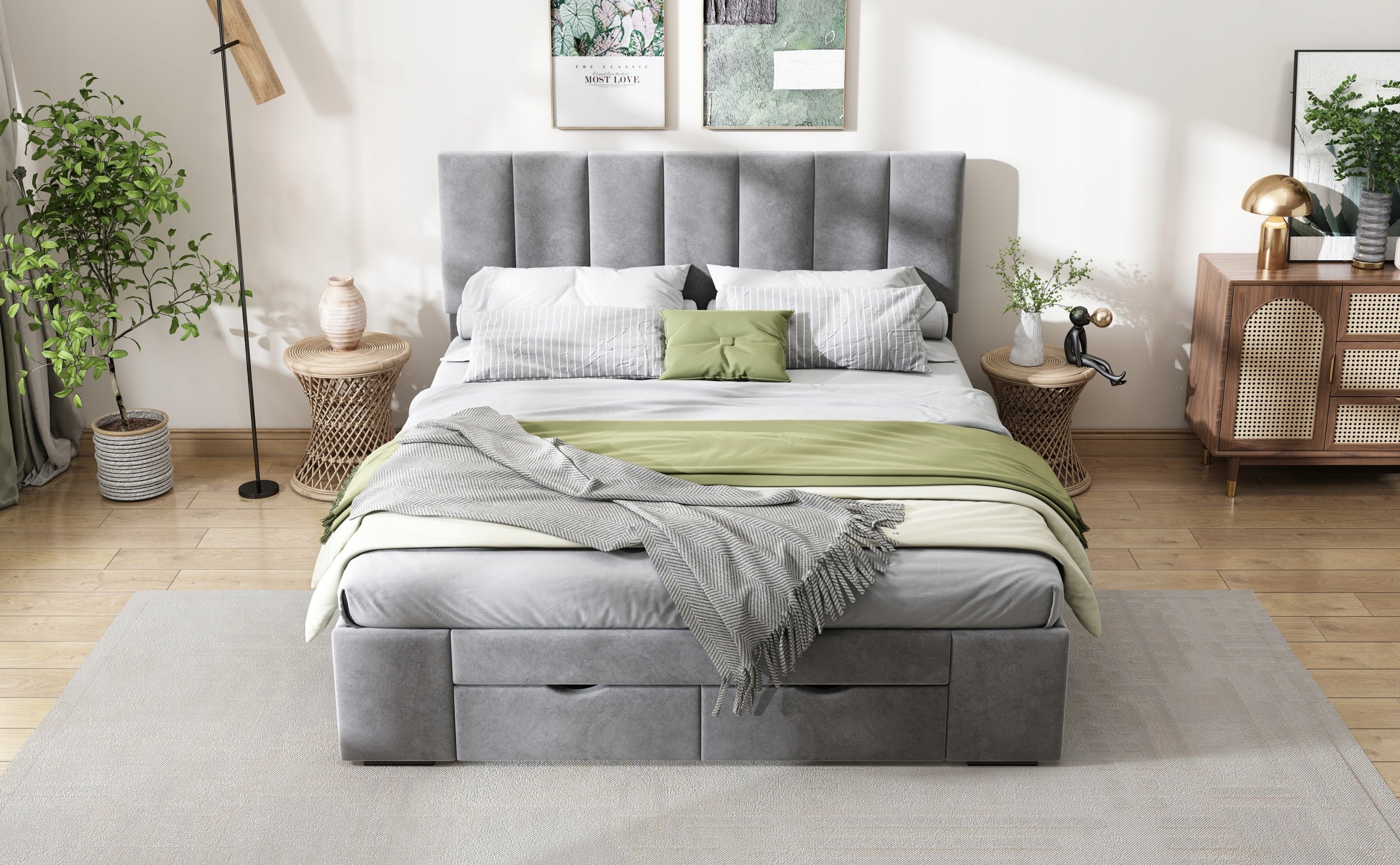 Letto matrimoniale 140x200cm - Xylo - Velluto, 4 cassetti, struttura, grigio