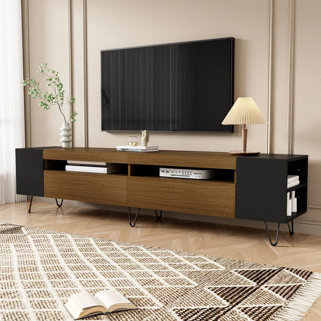 Mobile TV con 2 Ante e 4 Vani Aperti; Passacavi; Piedini in Ferro; Stile Moderno; in MDF e PB; Nero e Legno; 180??36??43 cm