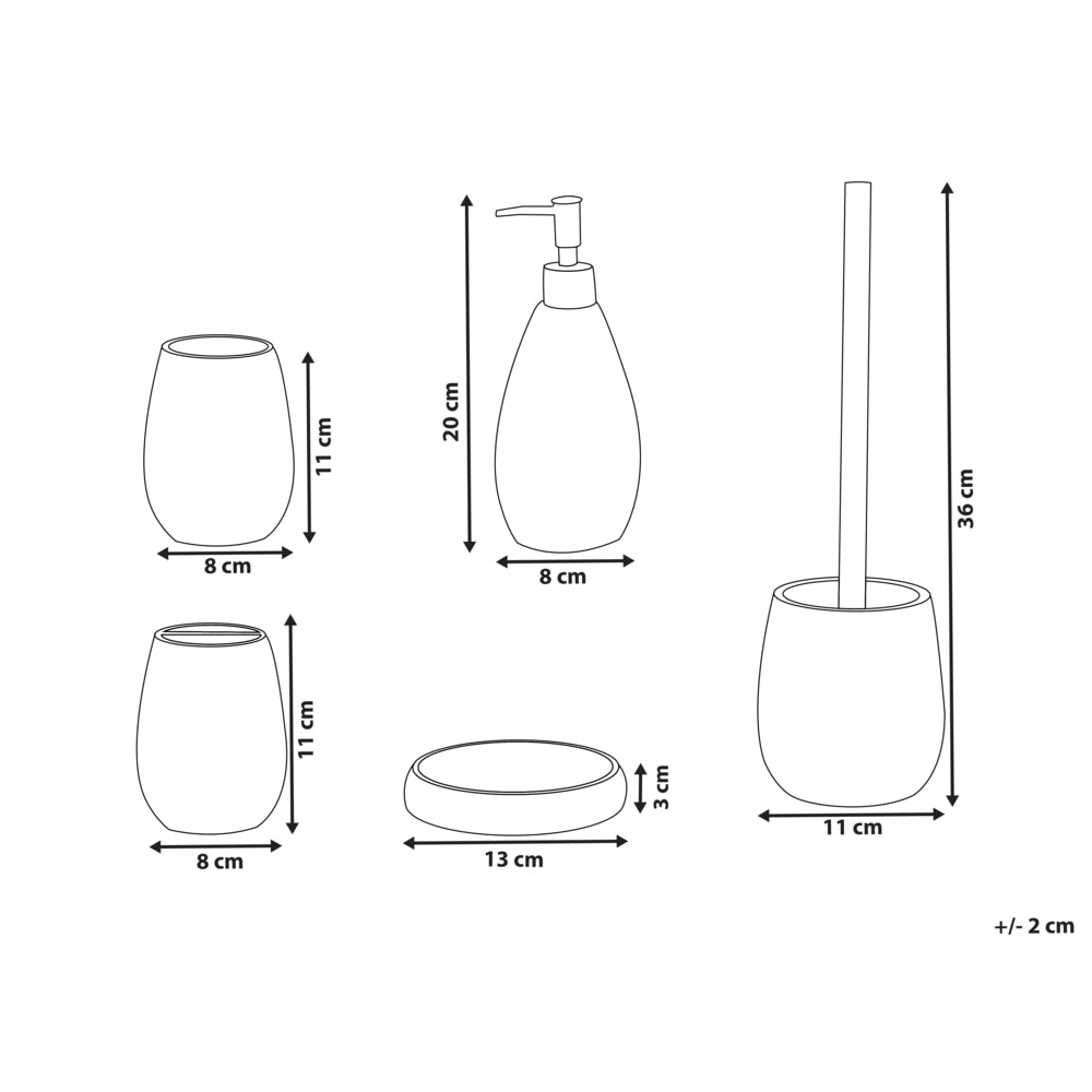 Set di 5 accessori da bagno in poliresina beige: portasapone, dispenser per sapone, scopino per WC, bicchiere e portaspazzolino